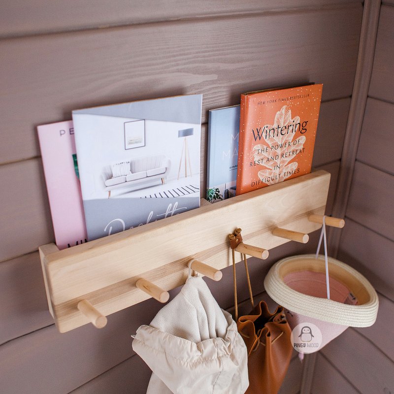 Wooden Wall Hanger Bookshelf and Pegs Hooks for Hallway, Clothes Rack, Shelf - กล่องเก็บของ - ไม้ 