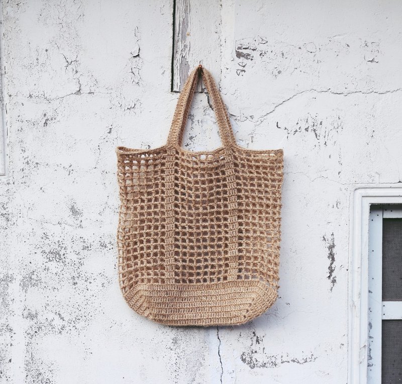 【訂製】Handmade手工編織/黃麻繩編織網袋/購物袋/麻繩包 - 手提包/手提袋 - 棉．麻 卡其色