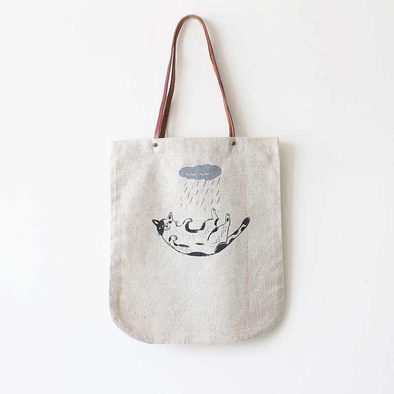 Tuxedo Cat Screen Print Handmade Tote Bag I Cat Lover - กระเป๋าแมสเซนเจอร์ - ผ้าฝ้าย/ผ้าลินิน สีกากี