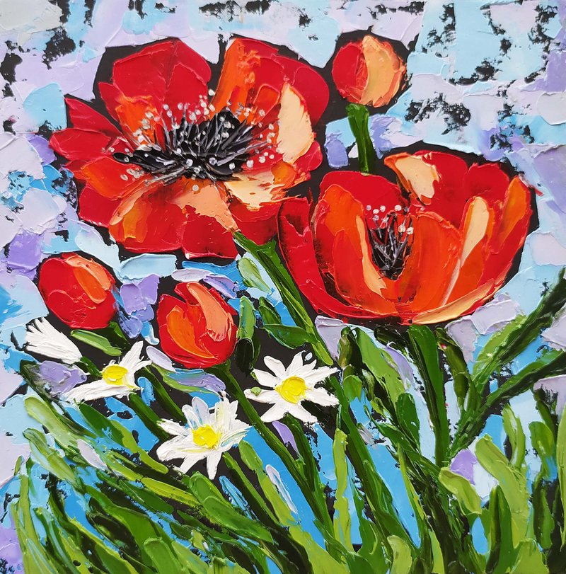 Poppy and chamom oil painting impasto original art red flowers impressionism art - 壁貼/牆壁裝飾 - 其他材質 紅色