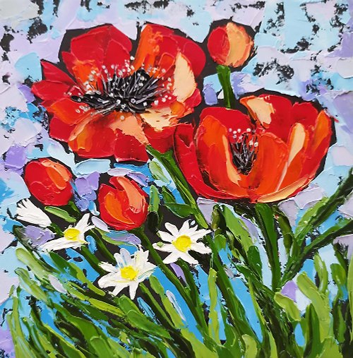 Nadinart Poppy and chamom oil painting impasto original art red flowers impressionism art