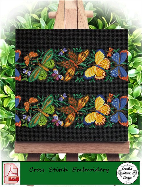 CreativeStudioElenka Vintage Cross Stitch Scheme Border butterfly 2 - PDF Embroidery Scheme