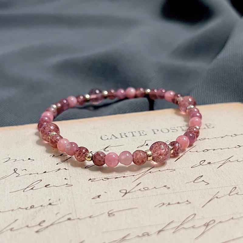 ll Sweet mood ll American 14kgf gold-filled natural stone bracelet-strawberry crystal rhododendron tourmaline - สร้อยข้อมือ - คริสตัล สึชมพู