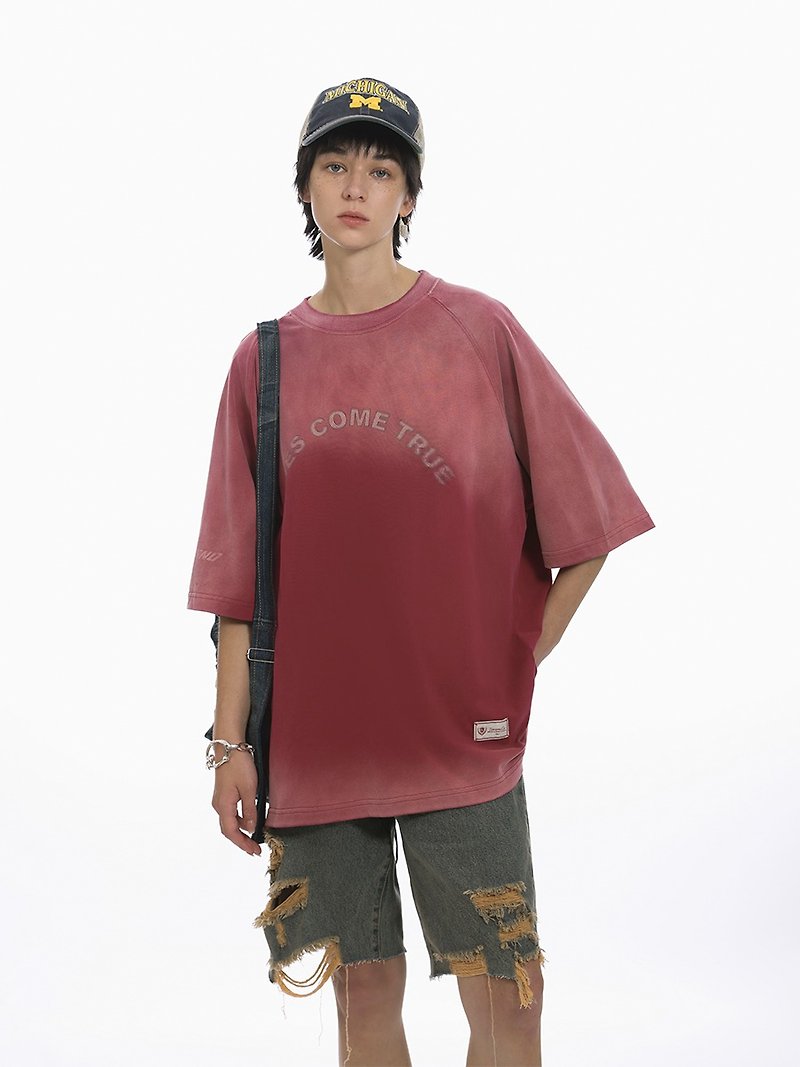 Unvesno (UN) Lies come true slogan fried color do old print gradient short sleeve SWS-1657 - Women's T-Shirts - Cotton & Hemp Green