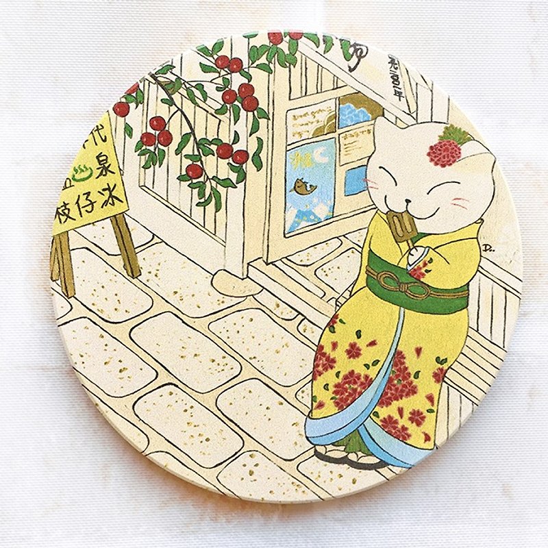 Cat Ukiyoe-Millennium Soup/Ceramic Water Coaster - Coasters - Pottery Multicolor