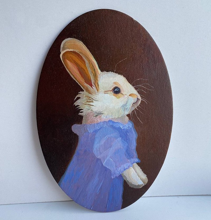 Rabbit oil painting Bunny hanging painting children's room decoration - ตกแต่งผนัง - ผ้าฝ้าย/ผ้าลินิน หลากหลายสี