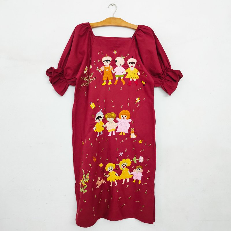 Custom Order | No.STA0301 Straight fit dress, thick cotton, 100% hand Embroidery thread, girl's pattern. - One Piece Dresses - Thread Red