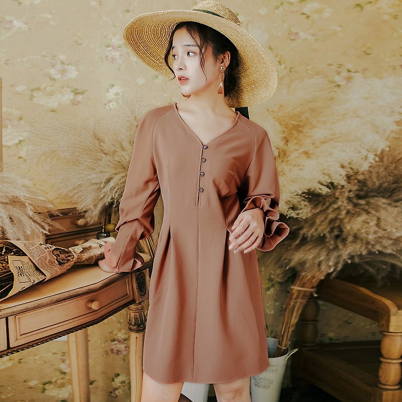 Early autumn clothing new 2018 centuries retro fashion trumpet sleeves waist V-neck dress dress - One Piece Dresses - Polyester Pink