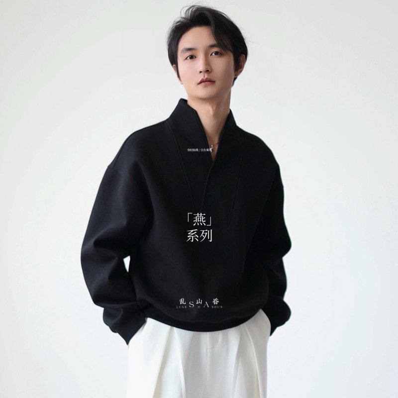 Luanshan Hunyan new Chinese style original black cross collar pullover loose long sleeve sweater autumn and winter all-match - Men's T-Shirts & Tops - Other Materials Black