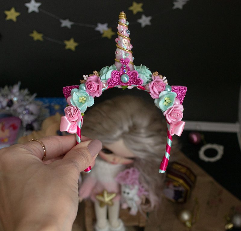 Flower Unicorn headband for blythe doll in Fuchsia/mint color.Headdress,crown - Stuffed Dolls & Figurines - Other Materials Pink