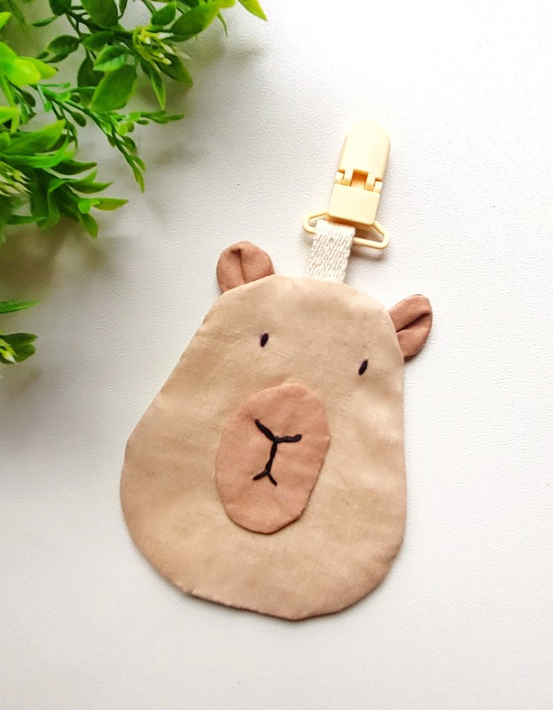 Hand embroidered Capybara Jun Kapibara organic cotton peace charm bag/incense bag/royal guard bag - Omamori - Cotton & Hemp Multicolor