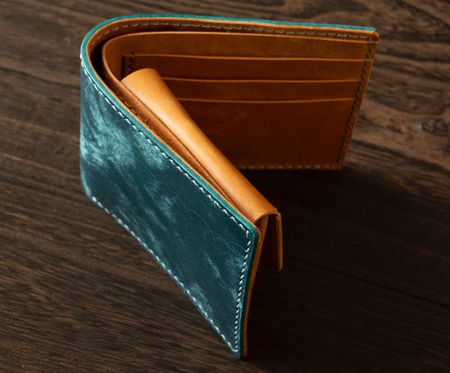 イタリアンレザーMAYA 手縫い二つ折り財布 ブルーキャメル - ショップ