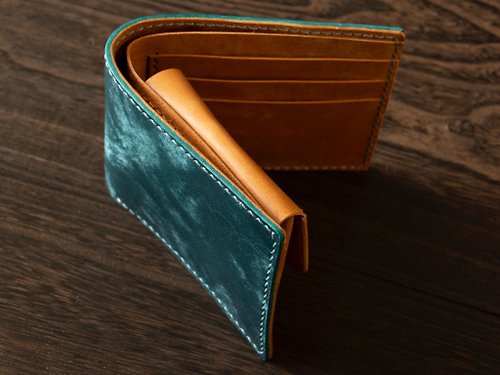 kokopelli イタリアンレザーMAYA 手縫い二つ折り財布 ブルーキャメル