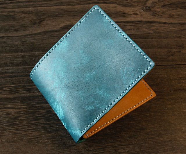 イタリアンレザーMAYA 手縫い二つ折り財布 ブルーキャメル - ショップ