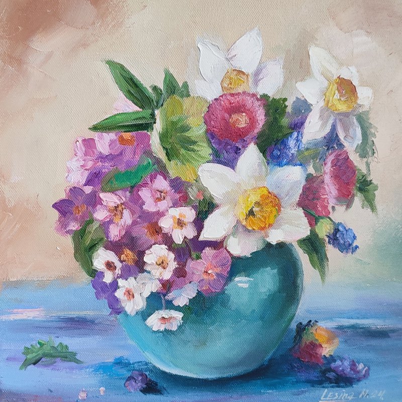 Wild Flowers Painting Flower Original Art Canvas Still life Oil Artwork Bouquet - ตกแต่งผนัง - วัสดุอื่นๆ สีม่วง