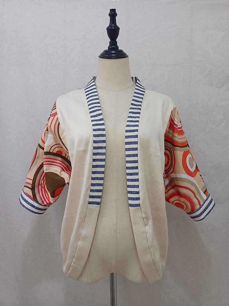 Rebirth collection old clothes transformed into pop style ring striped patchwork three-quarter sleeve blouse - Women's Casual & Functional Jackets - Cotton & Hemp Multicolor