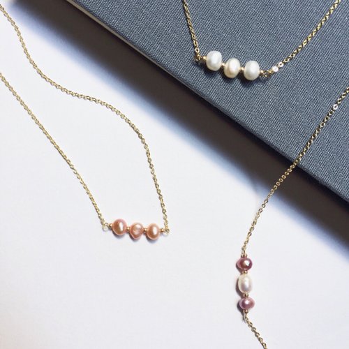 KAREN JEWELRY 14K包金 天然不規則淡水三顆珍珠項鍊 鎖骨鏈