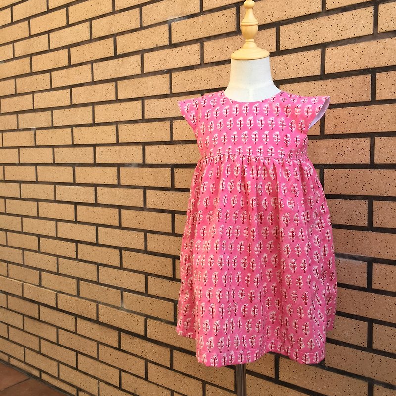 Girl dress- pink feather handblock - Skirts - Cotton & Hemp Pink