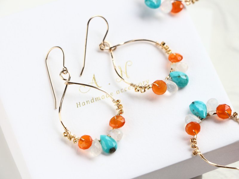 14kgf-turquoise × carnelian summer pierced earrings/can change to clip-on - 耳環/耳夾/耳骨夾 - 其他金屬 藍色