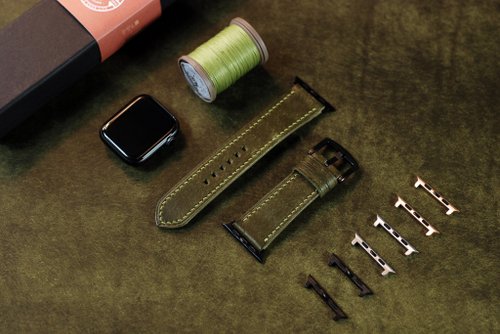 皓革鞄製所 【聖誕節優惠中】Pueblo磨砂皮applewatch真皮手縫錶帶-橄欖綠