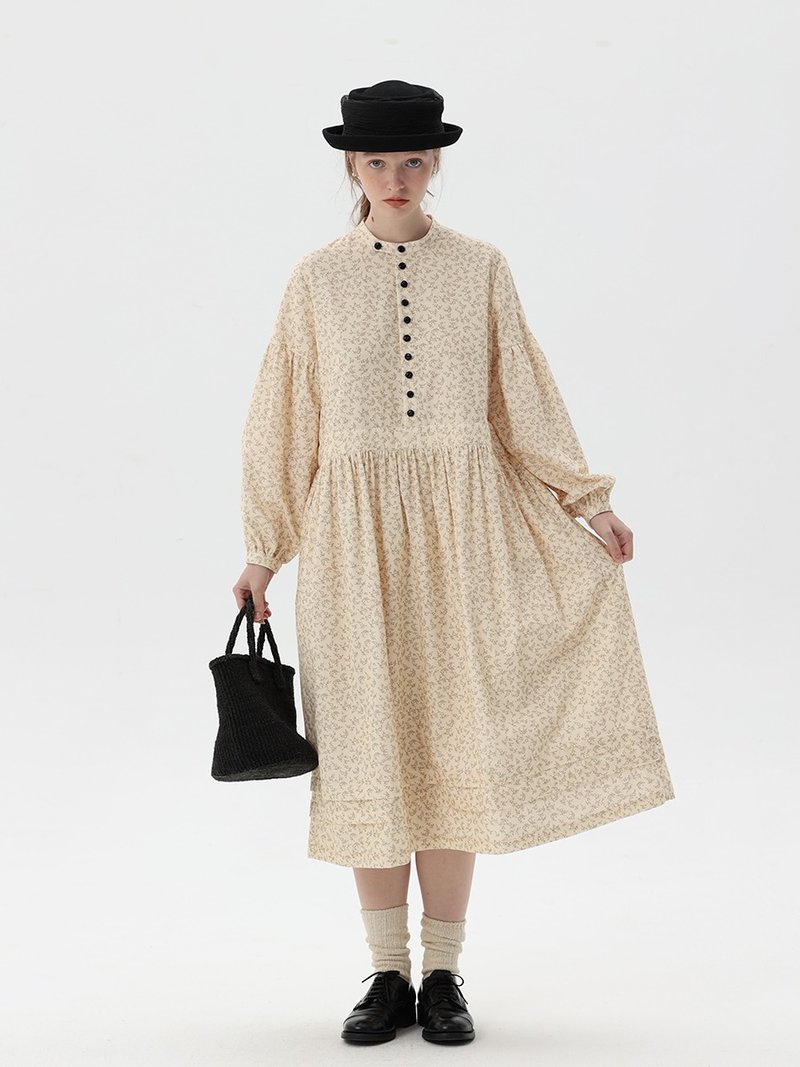 Corduroy printed fresh floral milky yellow dress - ชุดเดรส - ผ้าฝ้าย/ผ้าลินิน หลากหลายสี