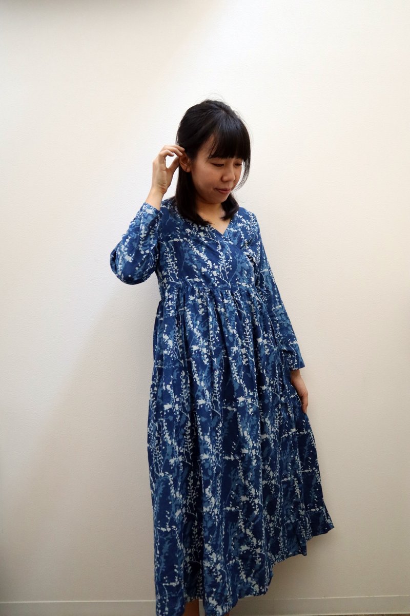 Penpensou Cache-Coeur Long Sleeve Dress - One Piece Dresses - Cotton & Hemp Blue