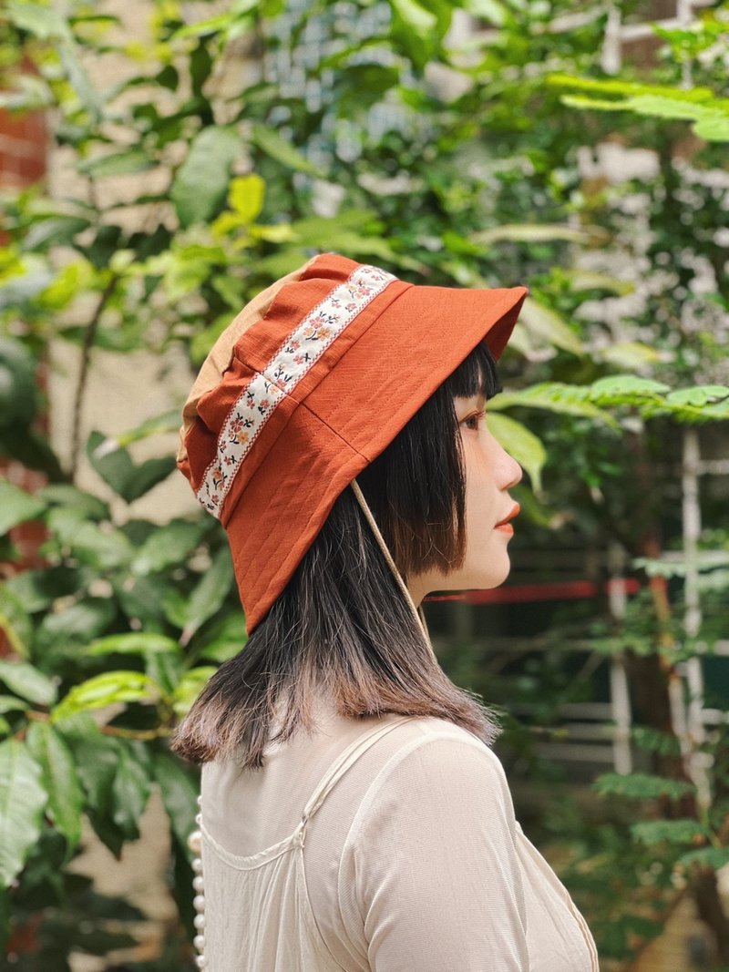 Floral texture stitching bucket hat brick red - Hats & Caps - Cotton & Hemp 