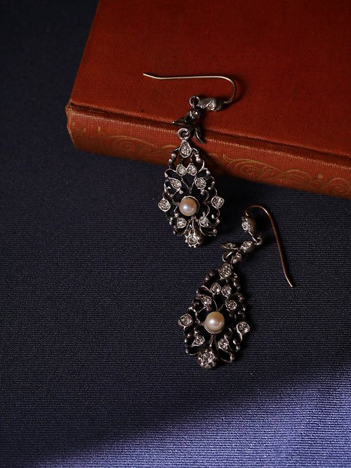鑲珹古董珠寶 1890s 英國維多利亞晚期 珍珠蕾絲耳針