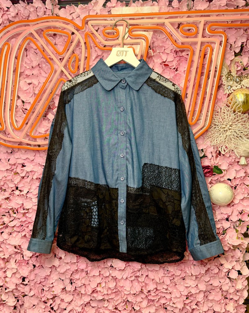 OTT unique•Japanese lace heavy-duty patchwork denim shirt top - เสื้อเชิ้ตผู้หญิง - ผ้าฝ้าย/ผ้าลินิน สีน้ำเงิน