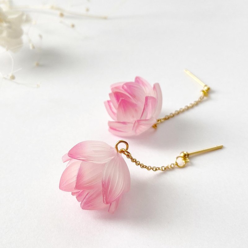 Upside down lotus (pink) earrings/ Clip-On - ต่างหู - พลาสติก สึชมพู