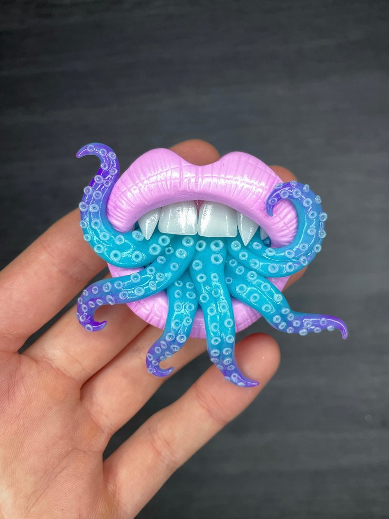 Phone grip. Pastel pink lips with blue tentacles. - Other - Clay 