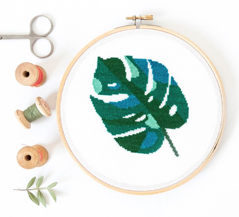 Monstera Leaf Cross Stitch PDF Pattern 十字繡 - 編織/刺繡/羊毛氈/縫紉 - 其他材質 