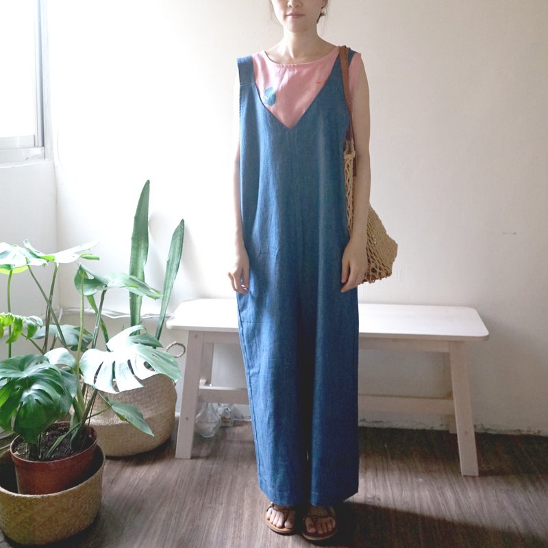 Xin Hua Series - Comfortable Pure Cotton Washed Denim Jumpsuit - จัมพ์สูท - ผ้าฝ้าย/ผ้าลินิน สีน้ำเงิน
