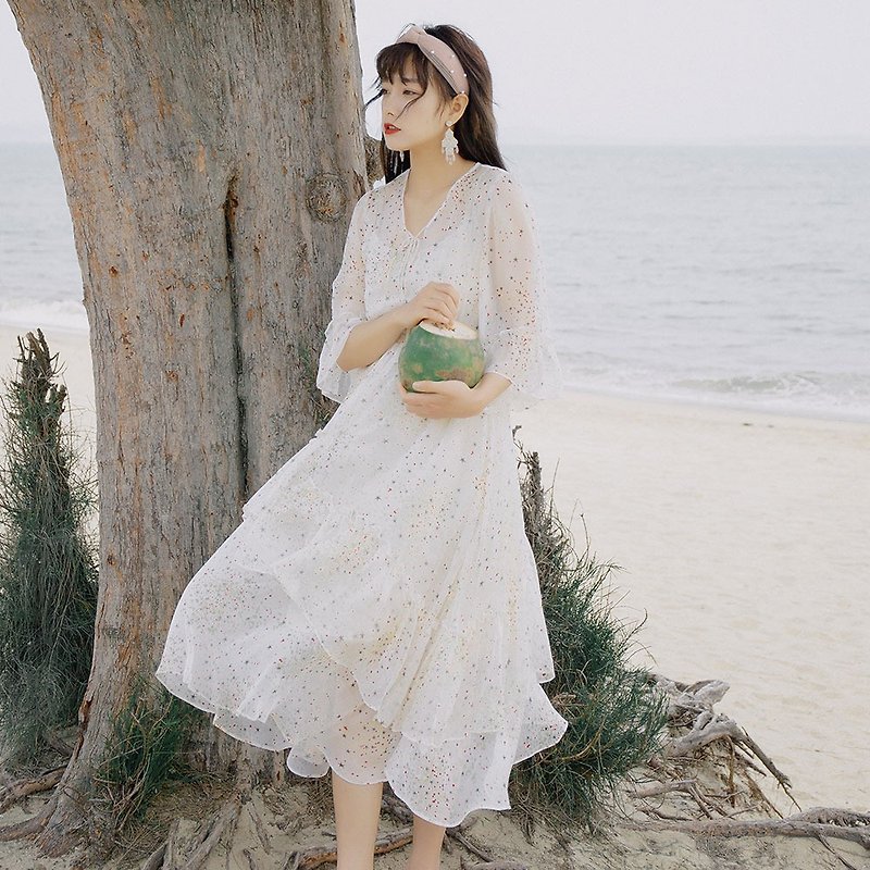 [Summer full] Anne Chen 2019 summer neckline tether ruffled dress dress 9302 - One Piece Dresses - Polyester White