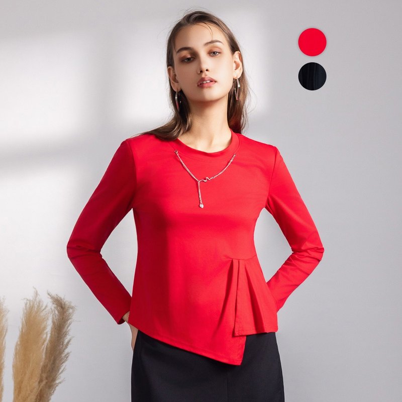 【MEDUSA】側褶造型不對稱設計T恤 - 2色(M-XL) | 女T恤 造型長袖 - 女 T 恤 - 棉．麻 紅色