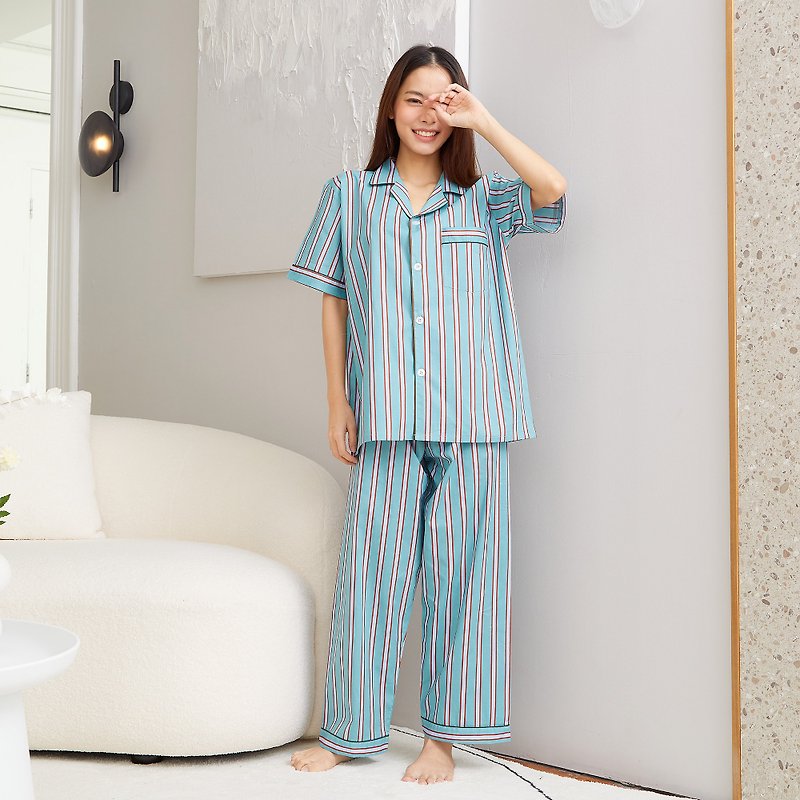 Cotton Pajamas short sleeve with Pants - 居家服/睡衣 - 棉．麻 綠色