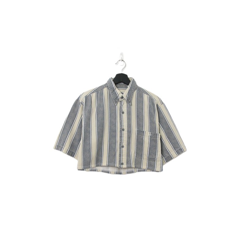 Back to Green-再製條紋短板襯衫 卡其灰ds-19//vintage shirt - 女襯衫 - 棉．麻 