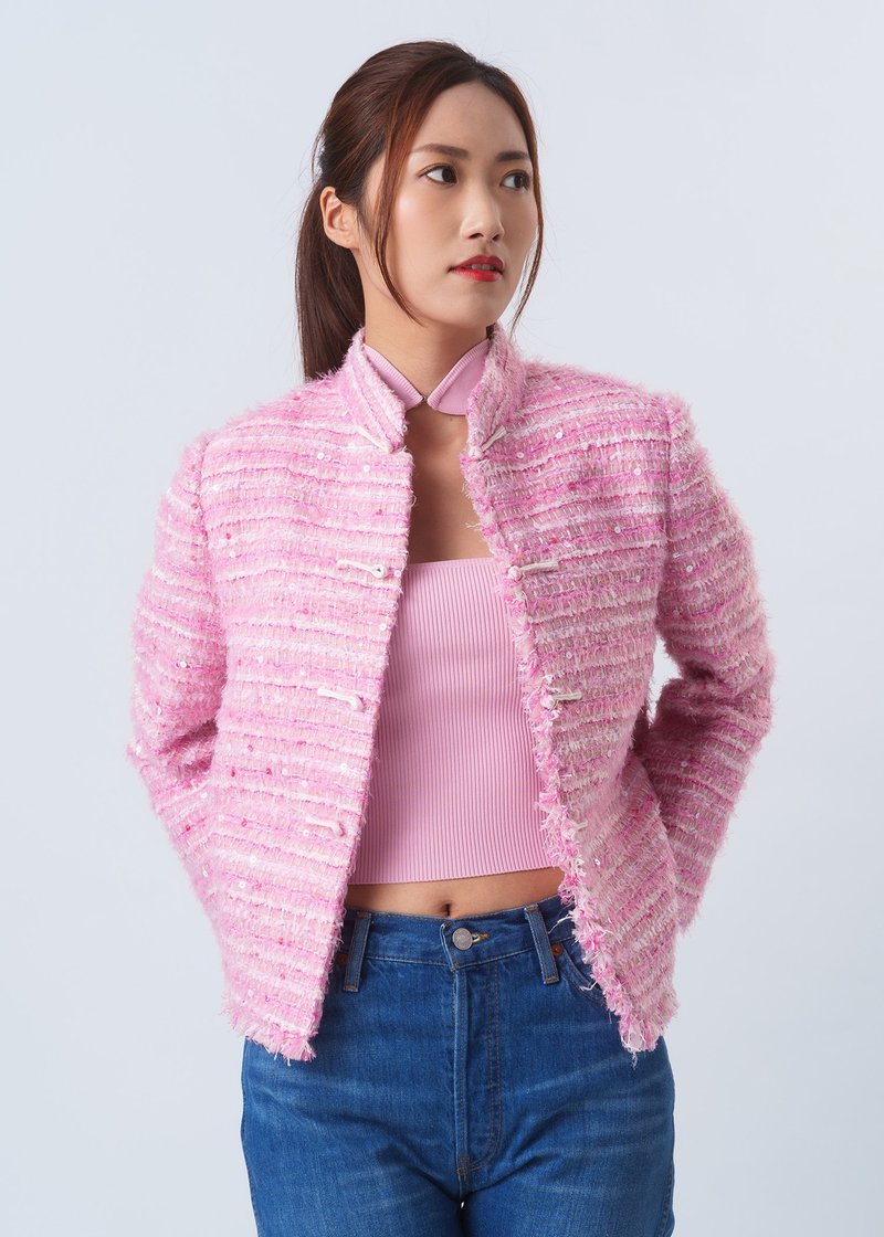 Tweed Tang Jacket (Mixed Pink) - เสื้อสูท/เสื้อคลุมยาว - ผ้าฝ้าย/ผ้าลินิน สึชมพู