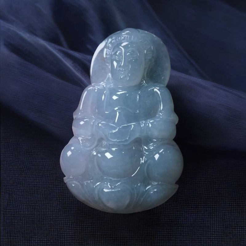 【保平安】冰種翡翠精雕寶瓶觀音菩薩 | 天然緬甸翡翠A貨 | 送禮 - 吊飾/掛飾 - 玉石 透明