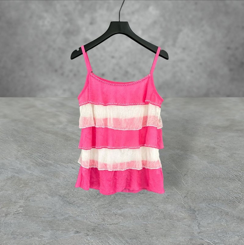 Second-hand pink and white color tulle flowing stitching layered beaded elastic vest PF424B - เสื้อกั๊กผู้หญิง - เส้นใยสังเคราะห์ สึชมพู