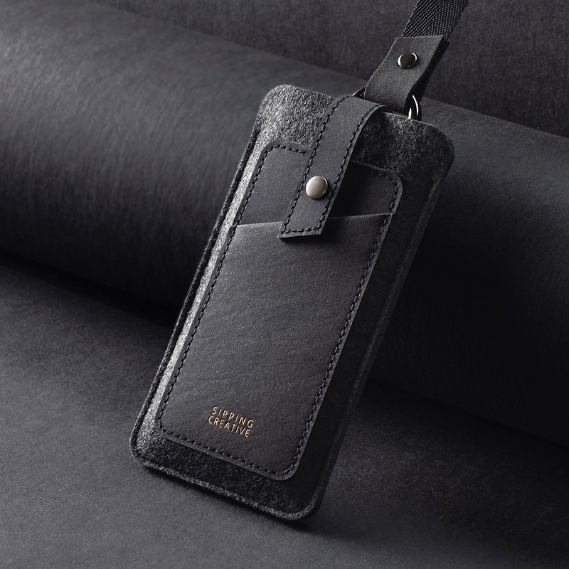 Neck hanging mobile phone case/Special version (large)_Suitable for iPhone 15 Pro in minimalist black [can be purchased with Ray Engraving] - เคส/ซองมือถือ - วัสดุอื่นๆ สีดำ