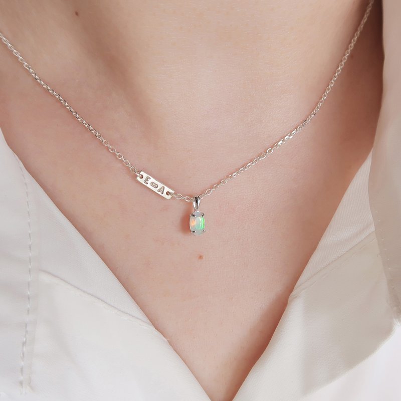 925 sterling silver opal natural stone oval chain customized lettering necklace clavicle chain long chain - Necklaces - Sterling Silver Blue