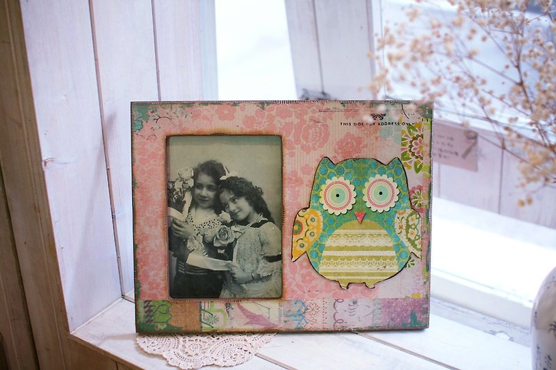 Good day fetish Germany vintage owl wood powder frame / Christmas gift / decoration / collection of antiques / shooting props - กรอบรูป - ไม้ 