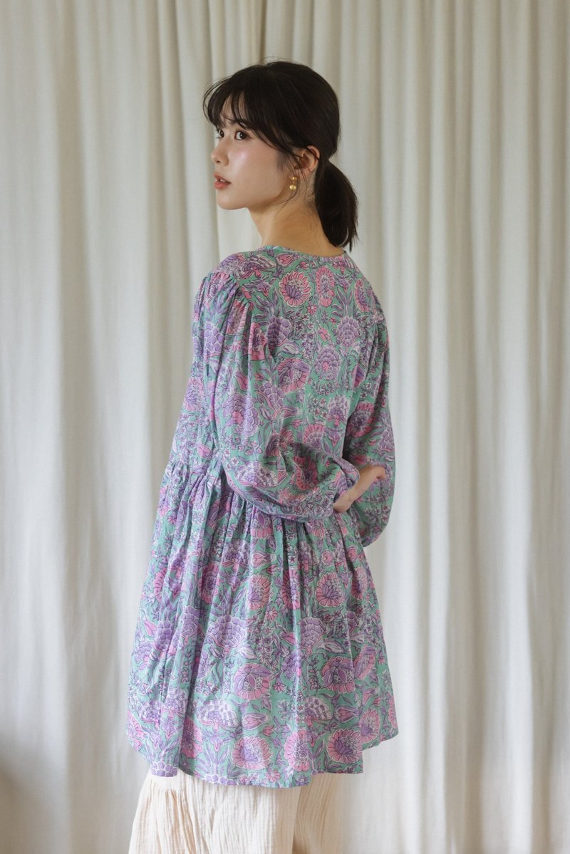 澎袖膝上洋裝_綠底紫花 - 洋裝/連身裙 - 棉．麻 綠色