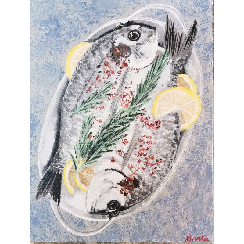 Fish Original Framed Wall Art  Kitchen Painting  By RinaArtSK - Wall Décor - Other Materials Multicolor