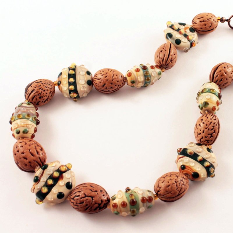 Beige Ivory Olive Green Lampwork Murano Glass Real Nut Beaded Necklace Jewelry - Necklaces - Glass Brown