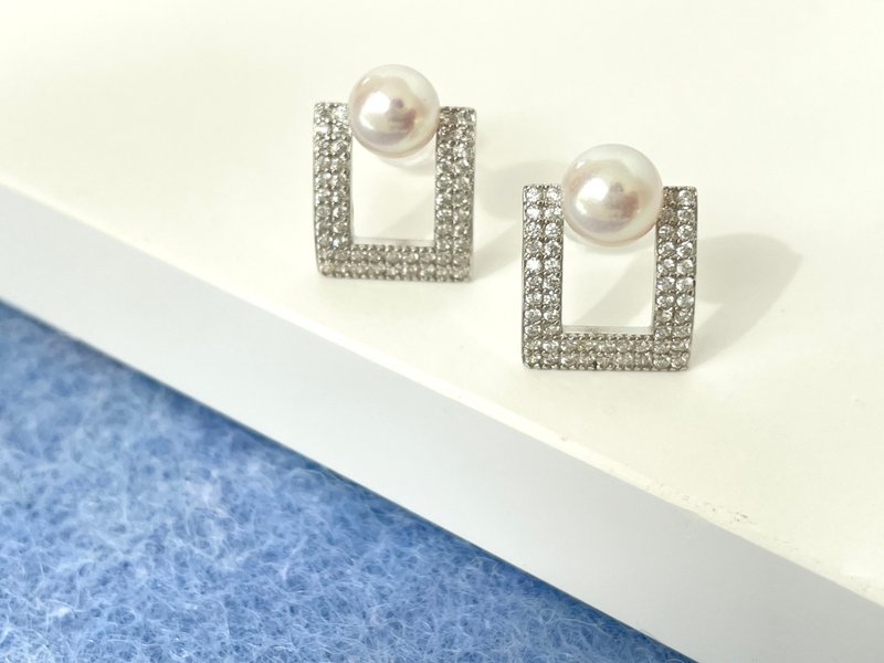 Simple geometric natural seawater pearl akoya Silver full set earrings - Earrings & Clip-ons - Pearl White