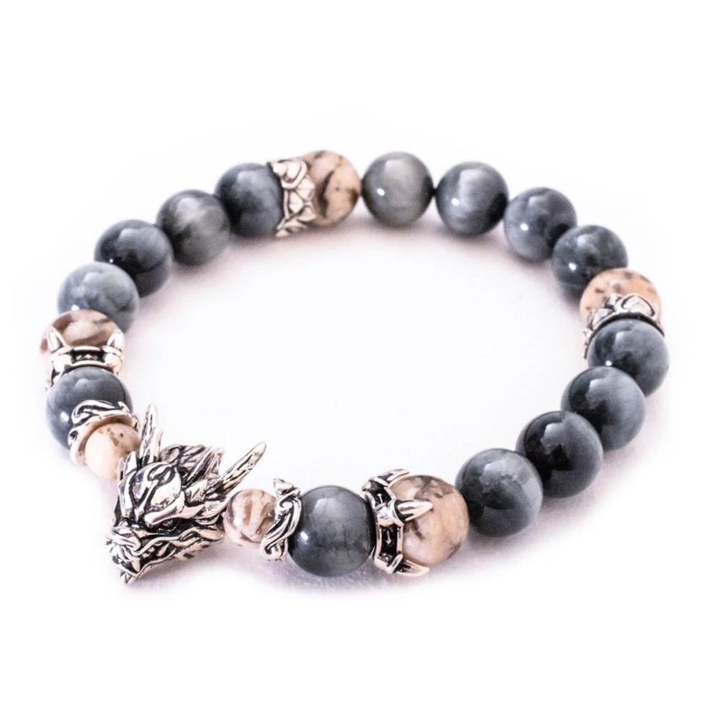 【Guangrun. White Dragon] Taiwan original design handmade beaded bracelet S925 silver gray tabby tiger eye Stone Stone - สร้อยข้อมือ - เงินแท้ สีเทา