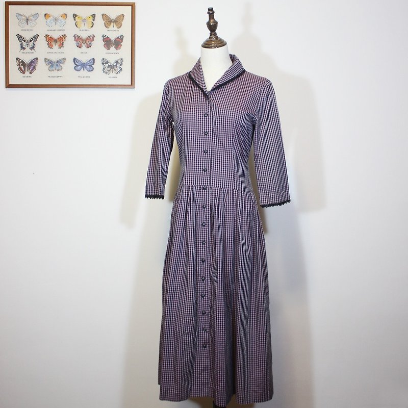 Made in Japan Japanese washing standard (Vintage vintage dress) purple check dress F3511 - One Piece Dresses - Cotton & Hemp Purple