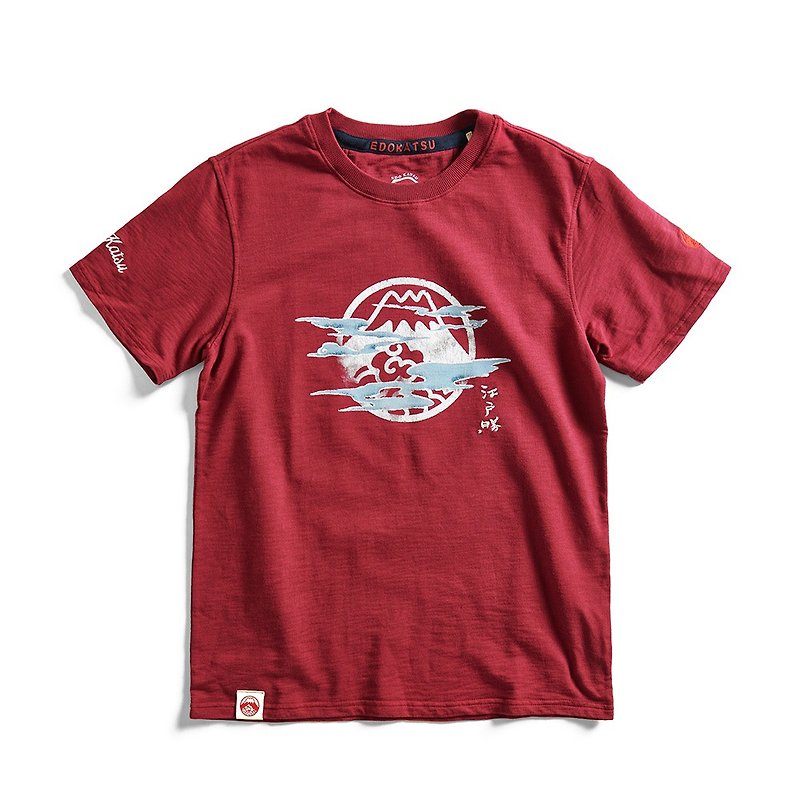 Edo Katsuri series Fuji Zhuyin cloud sea print short-sleeved T-shirt - men's clothing (vermilion) #衣 - Men's T-Shirts & Tops - Cotton & Hemp Red